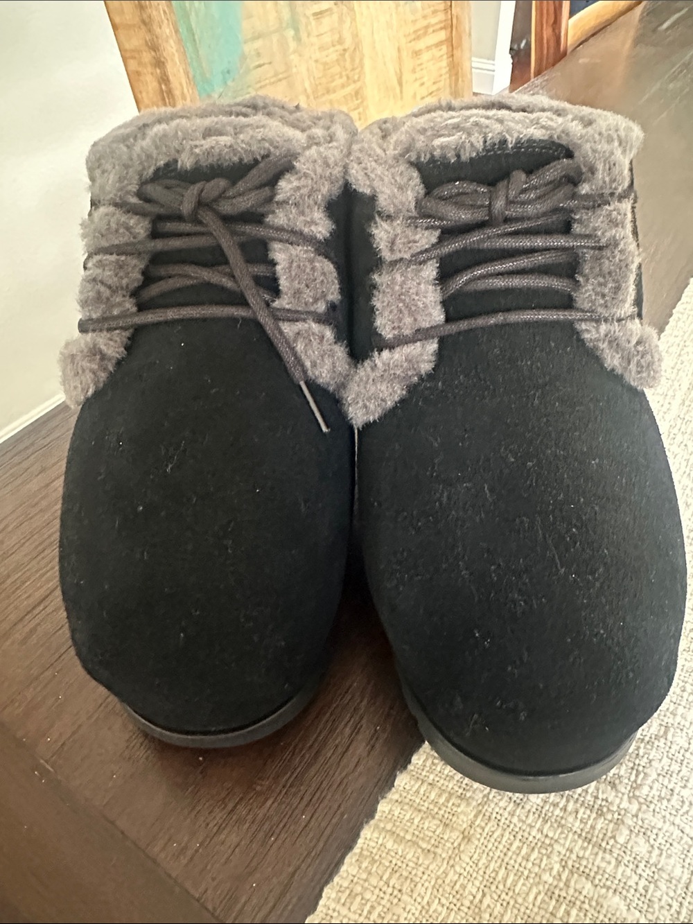 UGG Black Suede Lace-Up Ankle Boots with Gray Faux Fur Trim